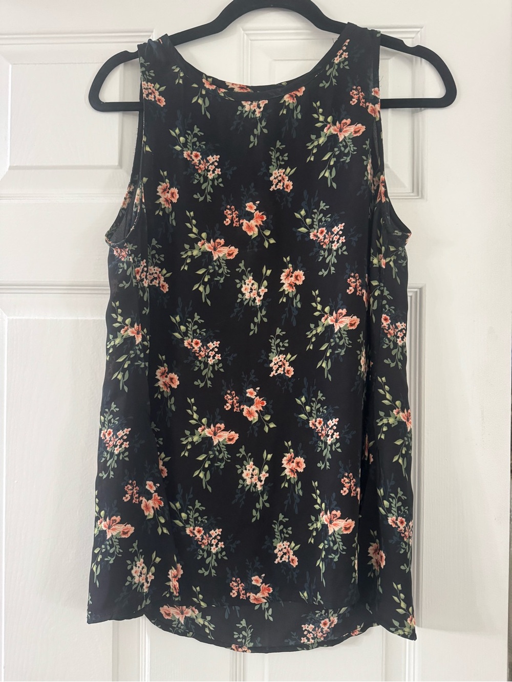 Black Floral Sleeveless Blouse with Peach & Green Print